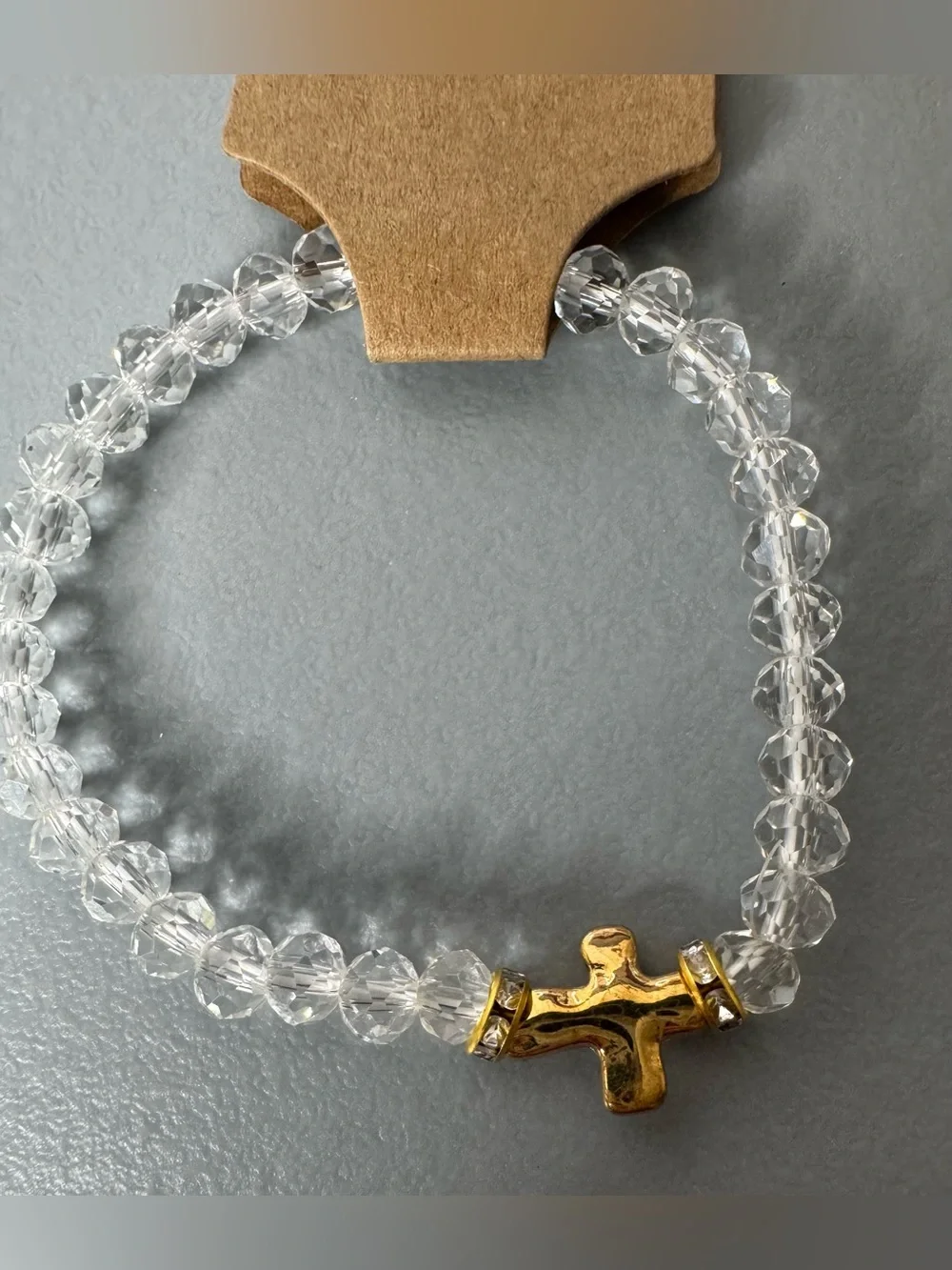 Clear Crystal glass Beaded Bracelet with Gold Cross Accent